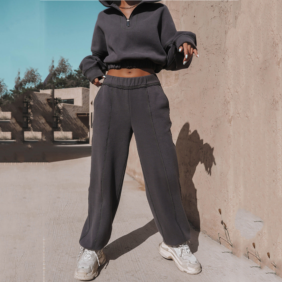 Ensemble 2 Pièces Homewear & Streetwear Femme – Sweat à Demi-Zip & Pantalon Fluid – Style Relaxed Chic