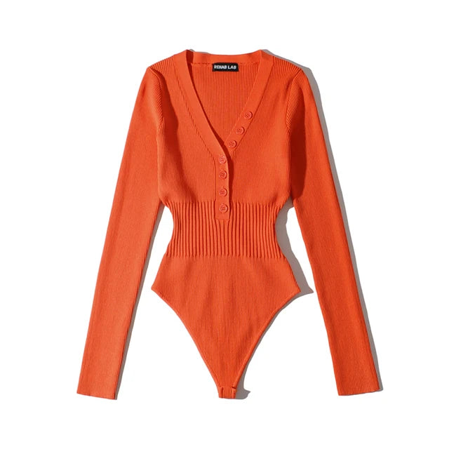 Body Femme Moulant à Manches Longues & Col V Boutonné – Coupe Slim & Confort Coton – Collection Chic & Tendance
